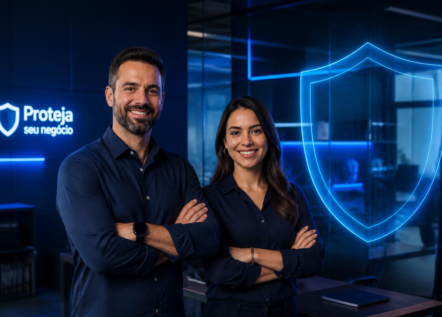 Sócios de pequena empresa em escritório moderno com escudo de proteção azul