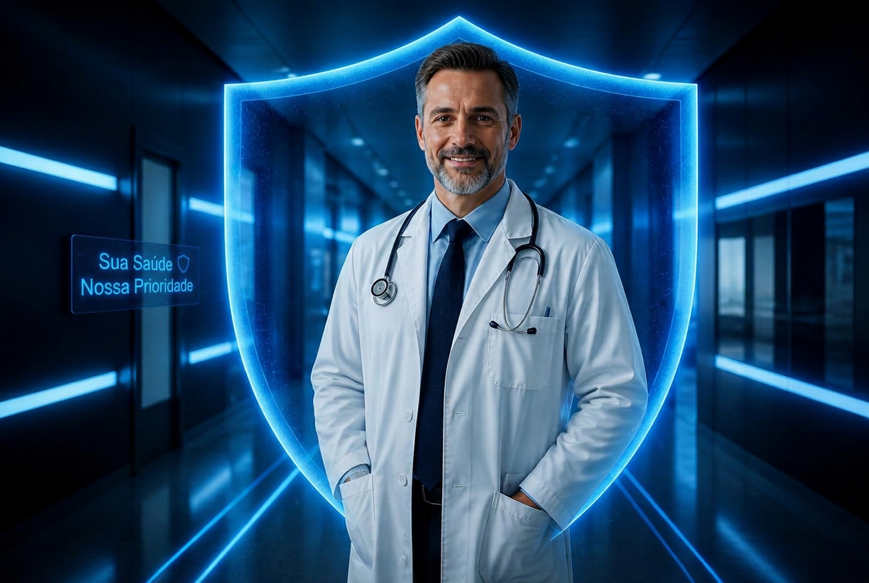Médico em hospital moderno com escudo de luz azul representando proteção em saúde